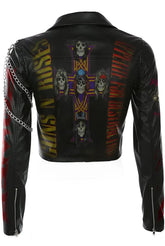 Women’s Punk Rock Leather Jacket – Guns N’ Roses Patches, Silver Chain Detail, Brando Fit with Badges, Custom Handmade Styling